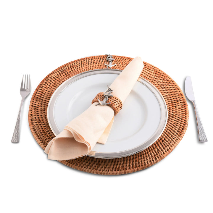 Woven Rattan Anchor Placemats - Woven Rattan - Pewter Anchor Emblem - Set/4 - Matching Napkin Ring - Coastal Compass Home Decor