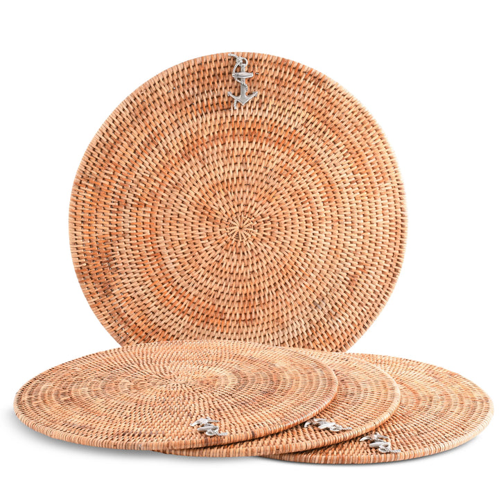 Woven Rattan Anchor Placemats - Woven Rattan - Pewter Anchor Emblem - Set/4 - Coastal Compass Home Decor