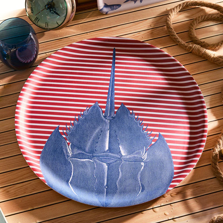 Horseshoe Crab Red Stripe Melamine Tray - Red & white stripes - Blue Horseshoe Crab - Large Tray - Coastal Compass Home Decor
