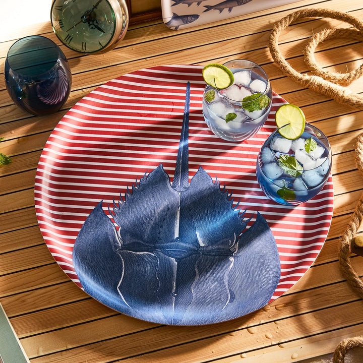Horseshoe Crab Red Stripe Melamine Tray - Red & white stripes - Blue Horseshoe Crab - Large Tray - Coastal Compass Home Decor
