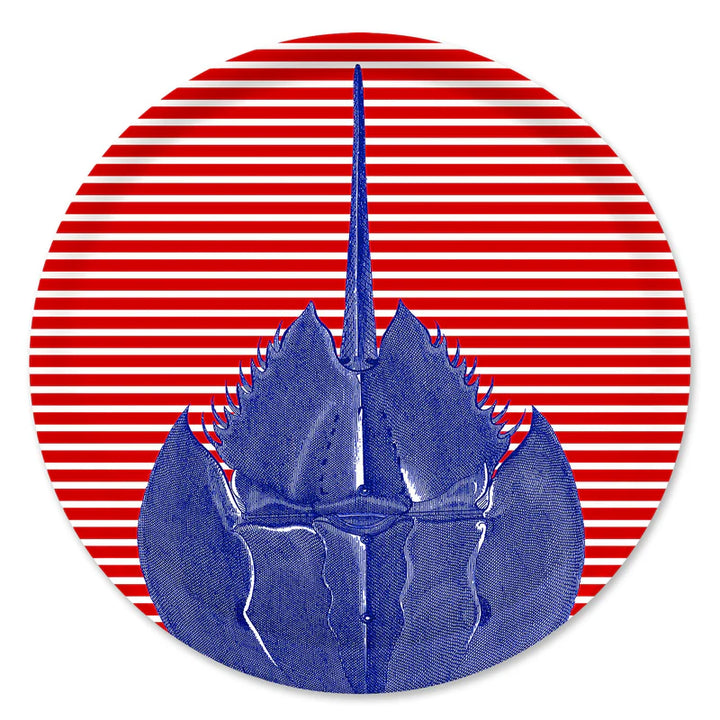 Horseshoe Crab Red Stripe Melamine Tray - Red & white stripes - Blue Horseshoe Crab - Large Tray - Coastal Compass Home Decor