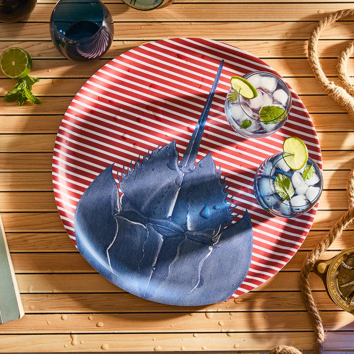 Horseshoe Crab Red Stripe Melamine Tray - Red & white stripes - Blue Horseshoe Crab - Large Tray - Coastal Compass Home Decor