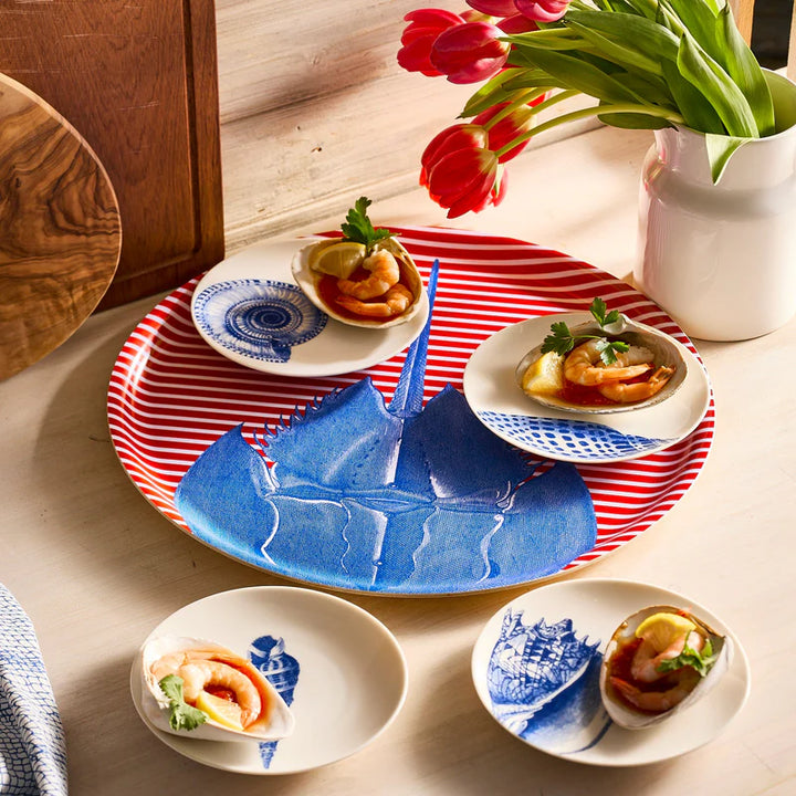 Horseshoe Crab Red Stripe Melamine Tray - Red & white stripes - Blue Horseshoe Crab - Large Tray - Coastal Compass Home Decor