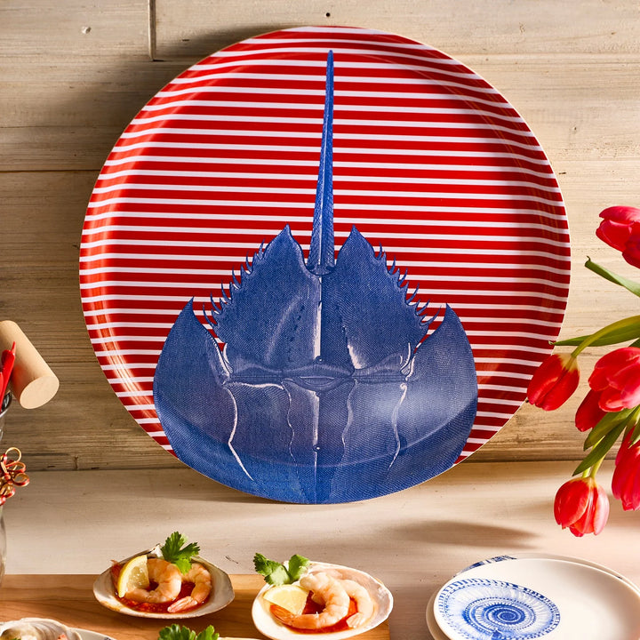 Horseshoe Crab Red Stripe Melamine Tray - Red & white stripes - Blue Horseshoe Crab - Large Tray - Coastal Compass Home Decor
