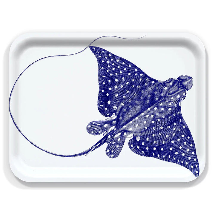 Large Rectangular Spotted Stingray Platter - Detailed spotted stingray on white tray - Coastal Compass Home Decor