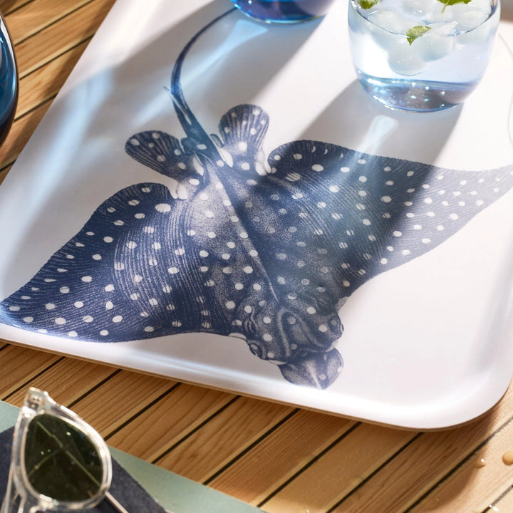 Large Rectangular Spotted Stingray Platter - Detailed spotted stingray on white tray - Coastal Compass Home Decor