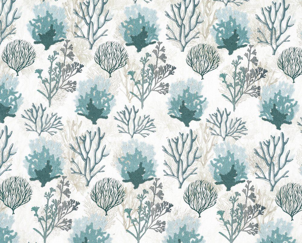 Pattern of stylized coral and plant designs in blue and green on a light background