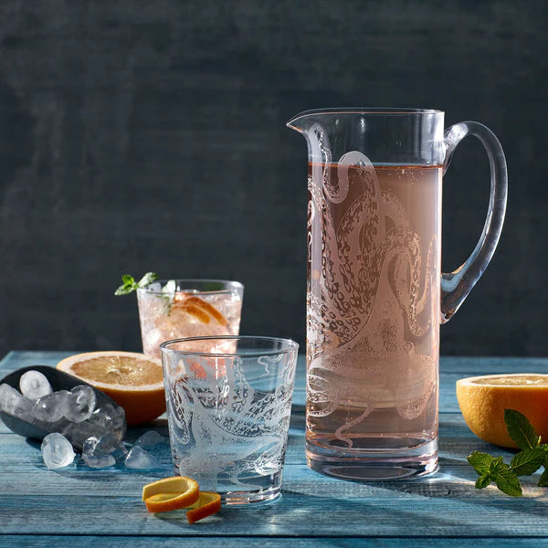 Lucia Octopus Engraved Glass Pitcher - Coastal Compass Home Decor