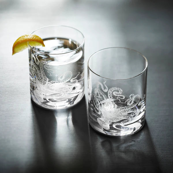 Lucia Octopus Sand Engraved Short Glasses - Coastal Compass Home Decor