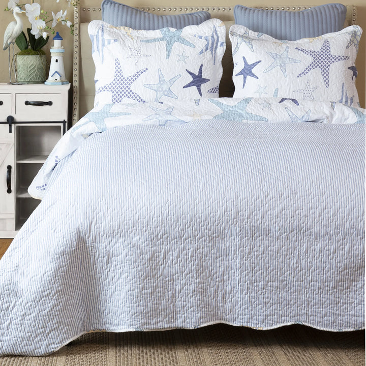 Nautical Starfish Quilt Set - Reversible - Blue Striped Reverse - Coastal Compass Home Decor