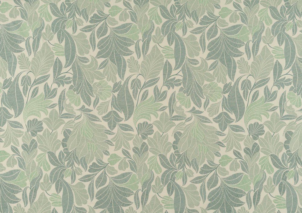 Fabric pattern of green leaves on a beige background