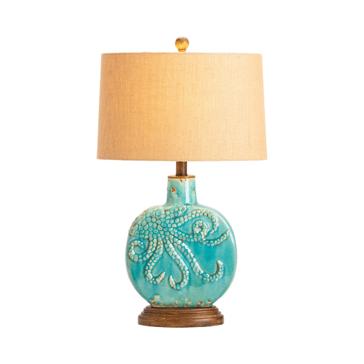 Ocean Octopus Table Lamp - Blue Glaze - Raised Octopus Design - Natural Linen Shade - Set of 2 - Coastal Compass Home Decor