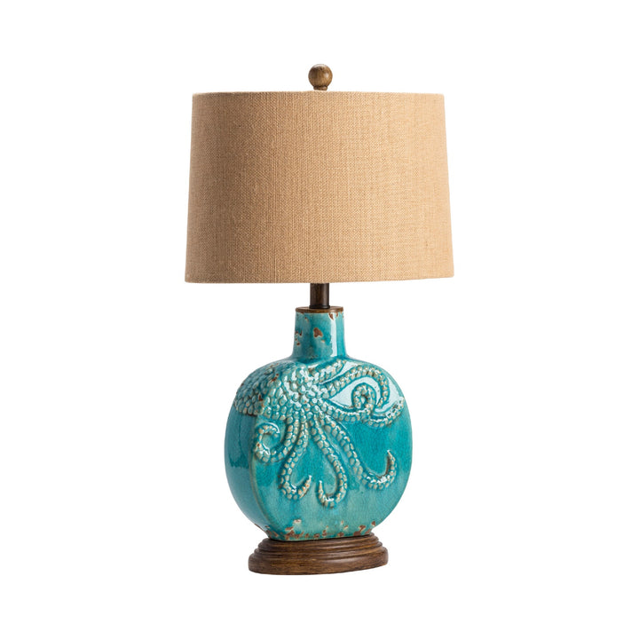 Ocean Octopus Table Lamp - Blue Glaze - Raised Octopus Design - Natural Linen Shade - Set of 2 - Coastal Compass Home Decor