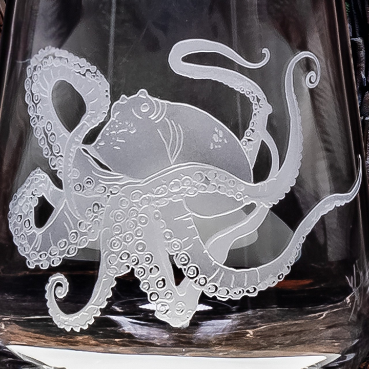 Octopus Crystal Sand Carved Stemless Wine Glasses - Textured octopus wrapped on glass - Coastal Compass Home Decor