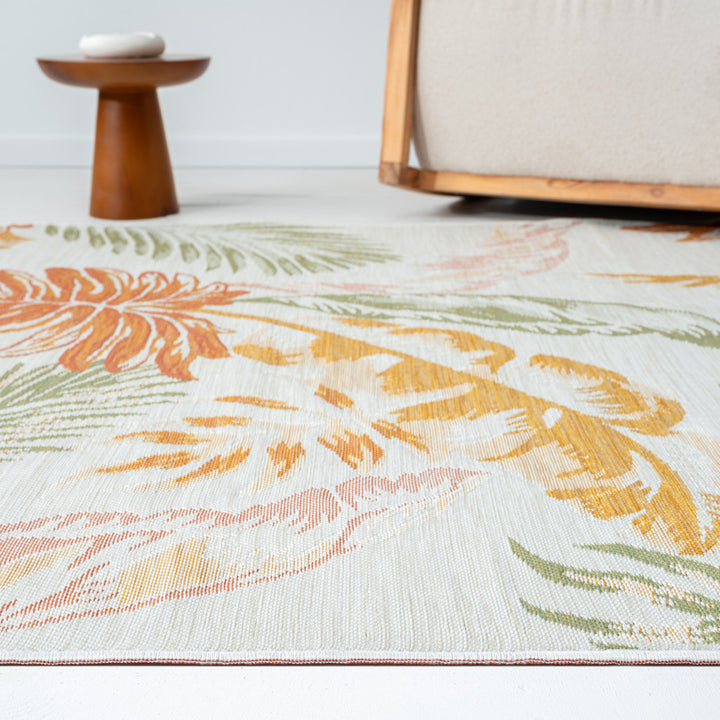 Palm Leaf Indoor/Outdoor Area Rug - Palm Leaves - Orange, Green, Yellow & Pink Leaves - Pattern Detail - Coastal Compass Home Decor