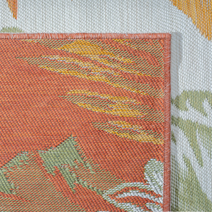 Palm Leaf Indoor/Outdoor Area Rug Reverse - Palm Leaves - Orange, Green, Yellow & Pink Leaves on Orange - Pattern Detail - Coastal Compass Home Decor