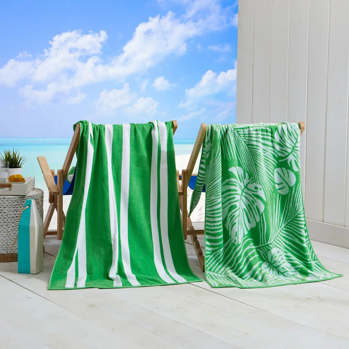 Palm & Stripes Cotton Velour Beach Towel Pack - green & white palm leaf & monstera leaf design - matching green & White stripe design - Coastal Compass Home Decor