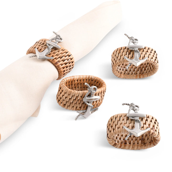 Woven Rattan Anchor Napkin Rings - Woven Rattan - Pewter Anchor Emblem - Set/4 - Coastal Compass Home Decor