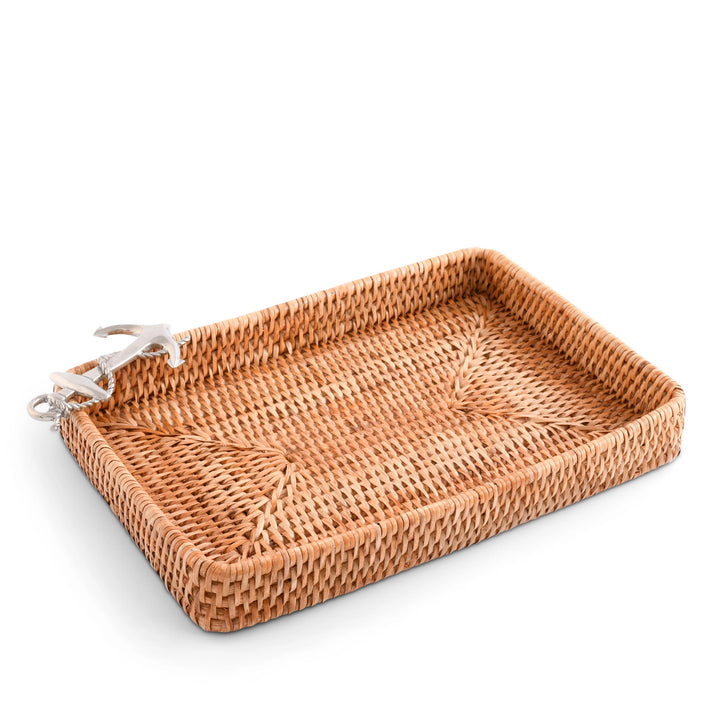 Woven Rattan Rectangle Anchor Tray - Rattan - Anchor Emblem - 12" x 9" - Coastal Compass Home Decor