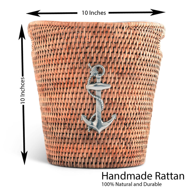 Rattan Anchor Champagne/Ice Bucket - Rattan Sleeve - Acrylic Bucket - Pewter Anchor Emblem - 10" Tall - Coastal Compass Home Decor