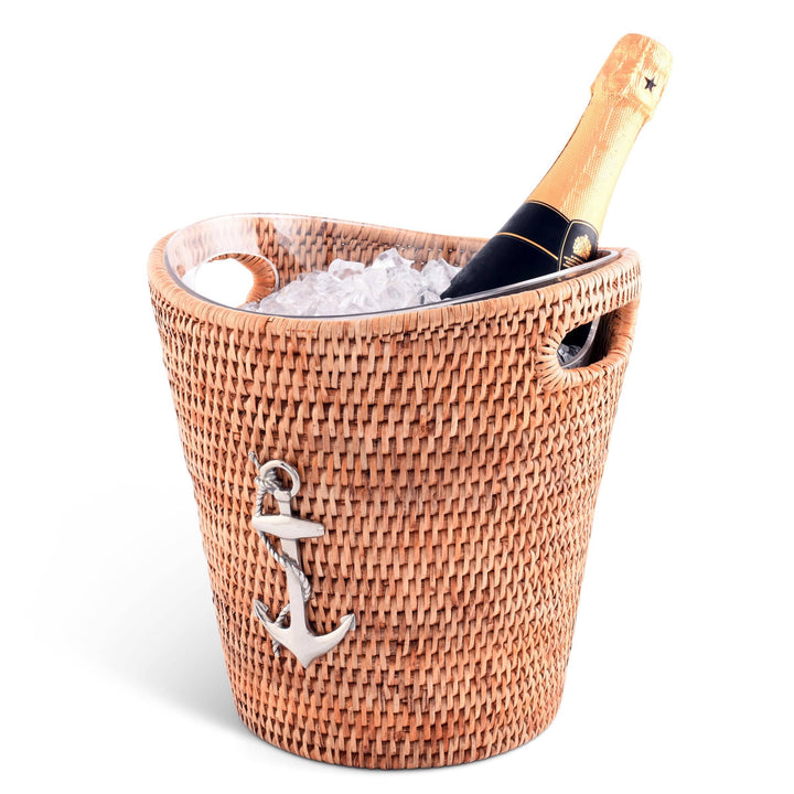 Rattan Anchor Champagne/Ice Bucket - Rattan Sleeve - Acrylic Bucket - Pewter Anchor Emblem - Coastal Compass Home Decor