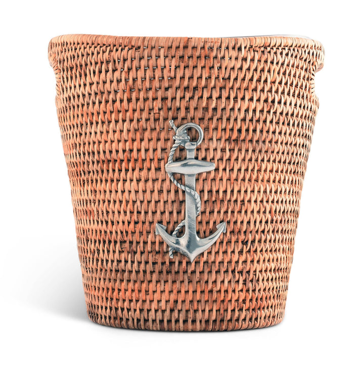 Rattan Anchor Champagne/Ice Bucket - Rattan Sleeve - Acrylic Bucket - Pewter Anchor Emblem - Coastal Compass Home Decor