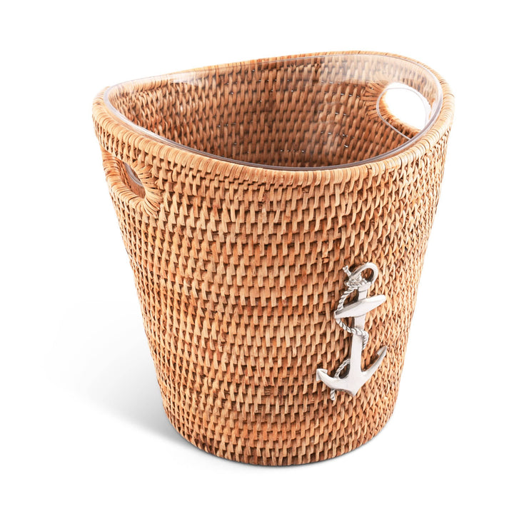 Rattan Anchor Champagne/Ice Bucket - Rattan Sleeve - Acrylic Bucket - Pewter Anchor Emblem - Coastal Compass Home Decor