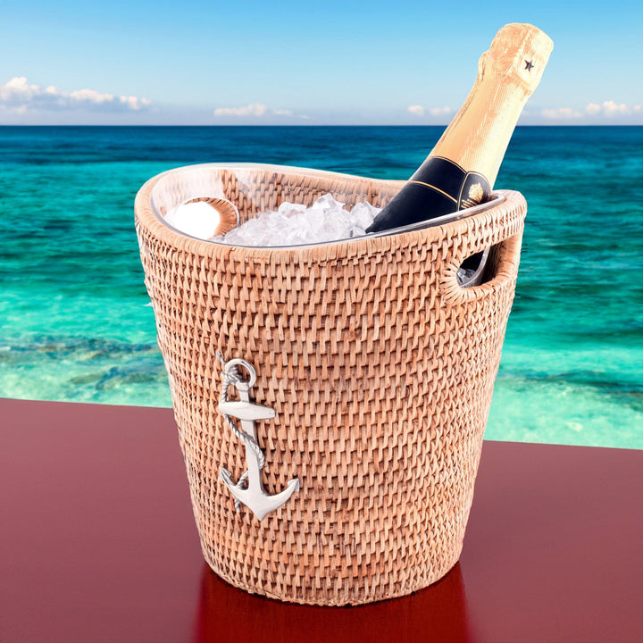 Rattan Anchor Champagne/Ice Bucket - Rattan Sleeve - Acrylic Bucket - Pewter Anchor Emblem - Coastal Compass Home Decor