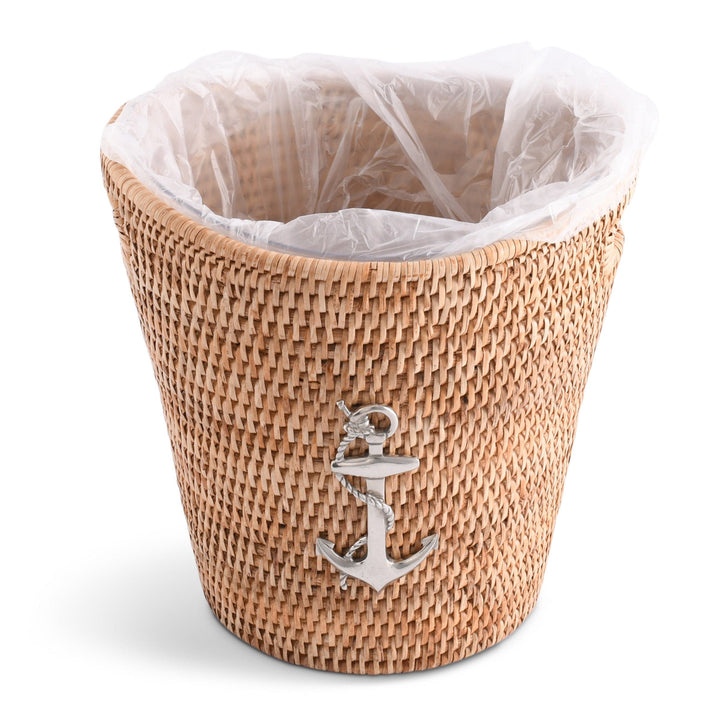 Rattan Anchor Champagne/Ice Bucket - Rattan Sleeve - Acrylic Bucket - Pewter Anchor Emblem - Coastal Compass Home Decor