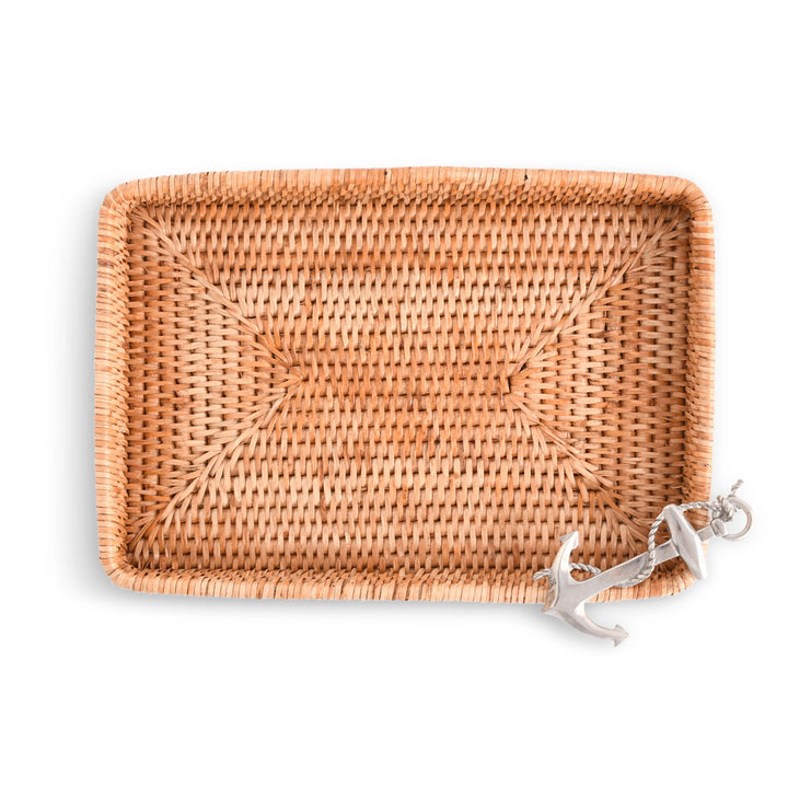 Woven Rattan Rectangle Anchor Tray - Rattan - Anchor Emblem - 12" x 9" - Coastal Compass Home Decor