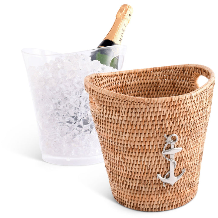 Rattan Anchor Champagne/Ice Bucket - Rattan Sleeve - Acrylic Removeable  Bucket - Pewter Anchor Emblem - Coastal Compass Home Decor