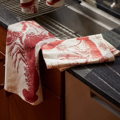 Red Lobster Kitchen Towel Set - Red on white - Coastal Compass Home Decor