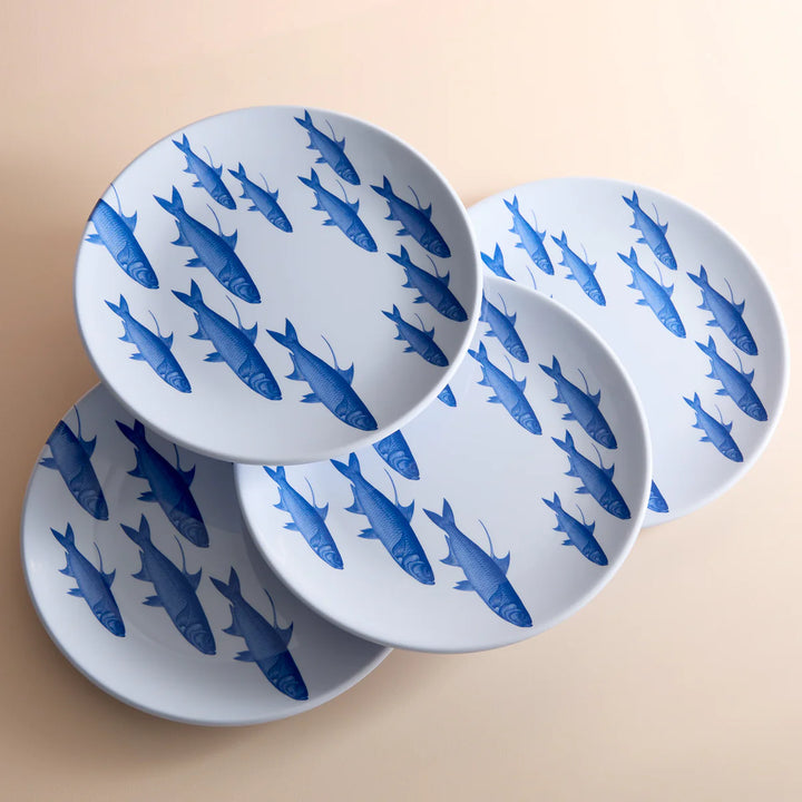 School of Fish Melamine Dinner Plates - 4 white plates with blue school of fish design - Coastal Compass Home Decor