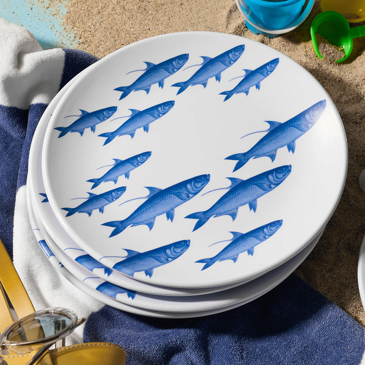 School of Fish Melamine Dinner Plates - 4 white plates with blue school of fish design - Coastal Compass Home Decor