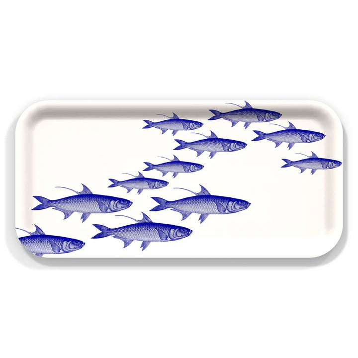 School of Fish Small Melamine Tray - Blue fish on white platter - 11" x 5" - Coastal Compass Home Decor
