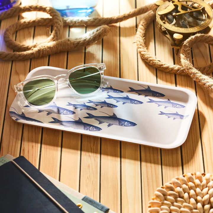 School of Fish Small Melamine Tray - Blue fish on white platter - 11" x 5" - Coastal Compass Home Decor