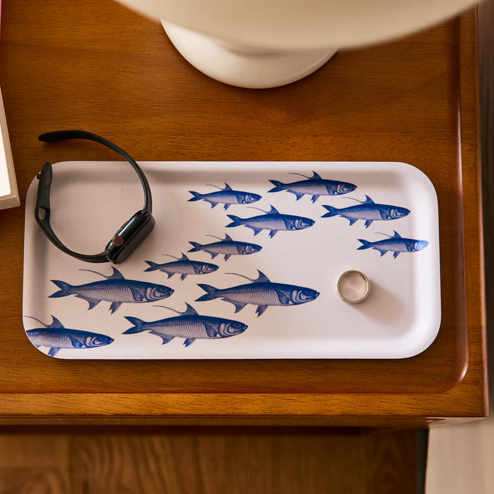 School of Fish Small Melamine Tray - Blue fish on white platter - 11" x 5" - Coastal Compass Home Decor