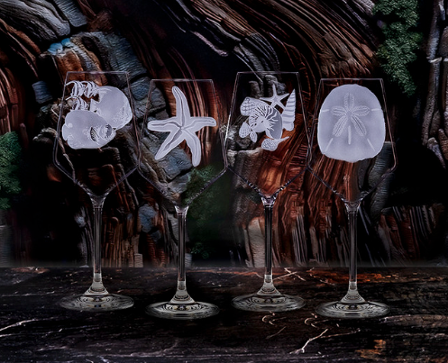 Seaside Crystal Sand Carved Wine Glasses - 4 Assorted coastal carved designs - tapered rim - Coastal Compass Home Decor