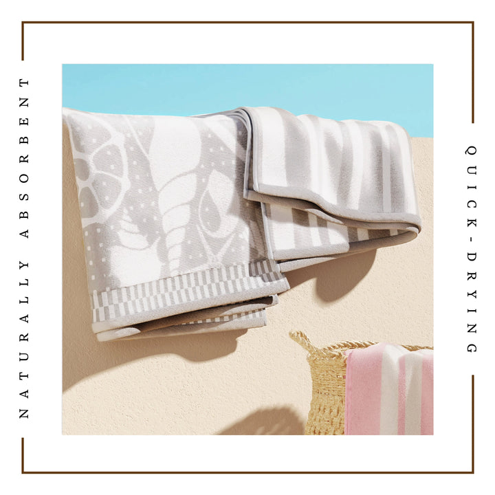 Shells & Stripes Cotton Velour Beach Towel Pack - White Seashells on grey towel - matching white & grey stripes - Coastal Compass Home Decor