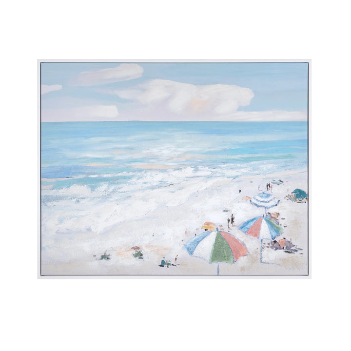 Painting of a beach scene with colorful umbrellas and people under a blue sky.