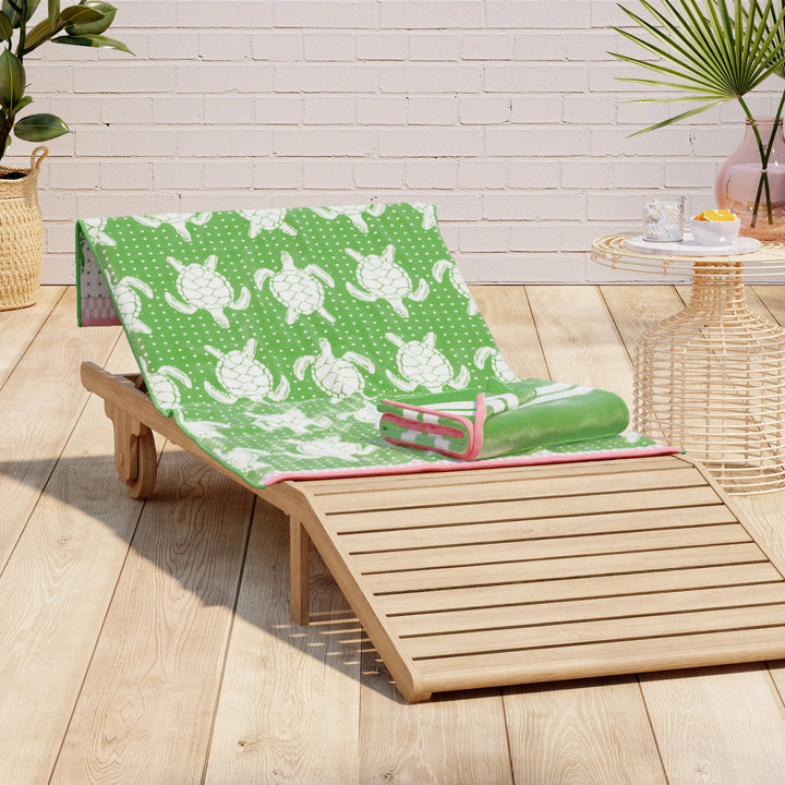 Turtles & Stripes Cotton Velour Beach Towel Pack - White Turtles on green with pink edges - matching white & green stripes - Coastal Compass Home Decor