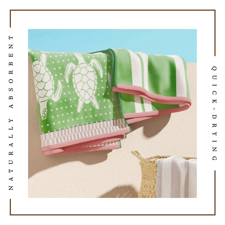Turtles & Stripes Cotton Velour Beach Towel Pack - White Turtles on green with pink edges - matching white & green stripes - Coastal Compass Home Decor