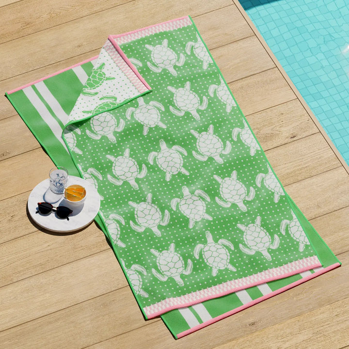 Turtles & Stripes Cotton Velour Beach Towel Pack - White Turtles on green with pink edges - matching white & green stripes - Coastal Compass Home Decor