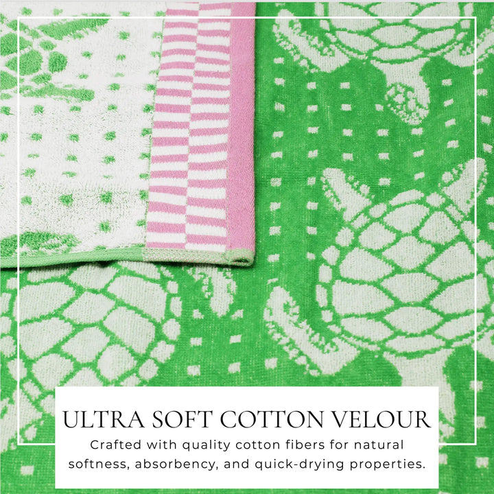 Turtles & Stripes Cotton Velour Beach Towel Pack - White Turtles on green with pink edges - matching white & green stripes - Coastal Compass Home Decor
