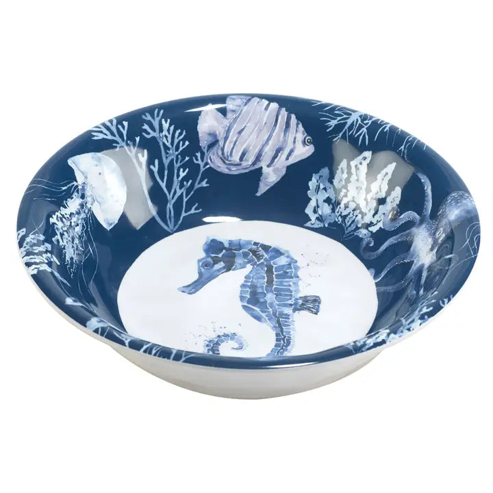 Under The Sea All Purpose Bowl - Seahorse Bottom - Sea Life Rim - Fish, Jellyfish, Coral Reef & Octopus - Coastal Compass Home Decor