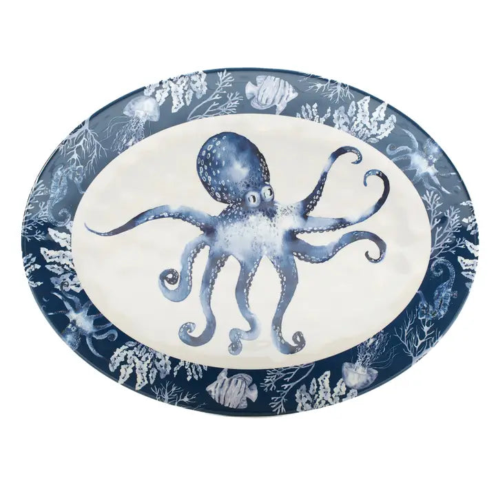 Under The Sea Oval Platter - Blue Octopus  on White center - Navy Blue Sea Life Rim -  Coastal Compass Home Decor