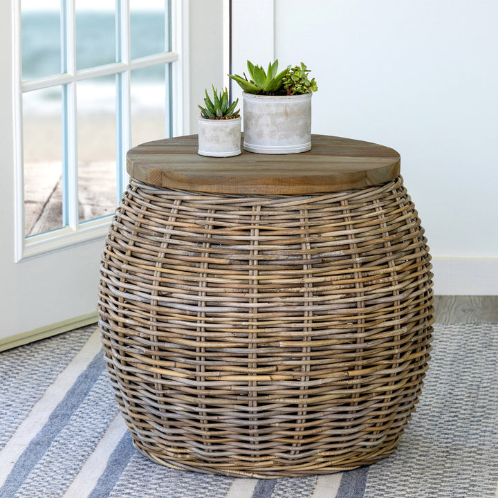Wood Top Rattan Side Table