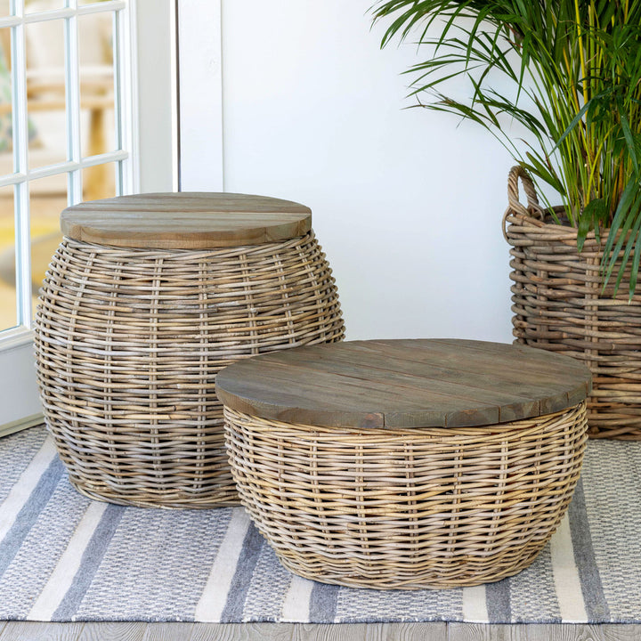 Wood Top Rattan Side Table