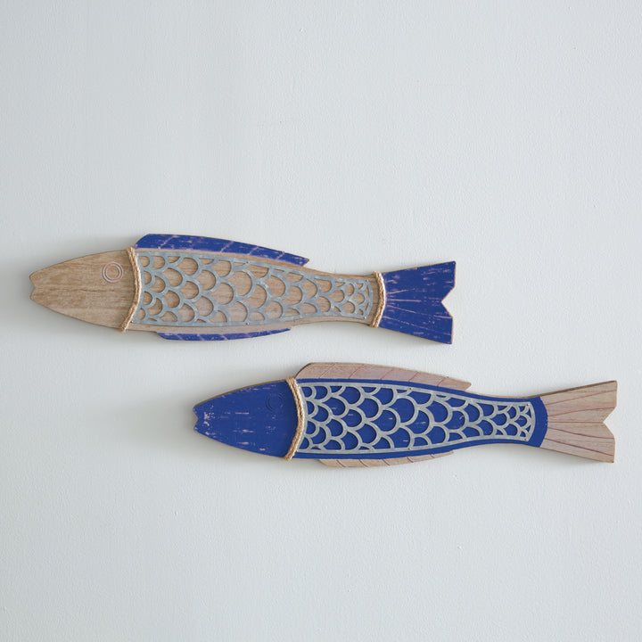 Wooden Fish Wall Hanging Set - Set of 2 Fish - Coastal Compass Home Decor