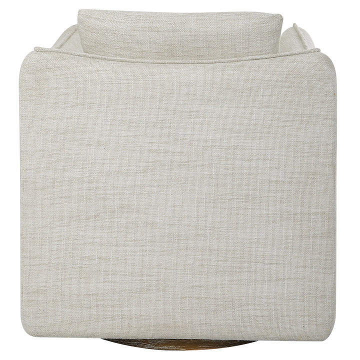 Woven Linen Accent Chair - Off-white linen fabric - Flanged edge trim - loose back pillow - Rests on solid birch swivel base - Coastal Compass Home Decor